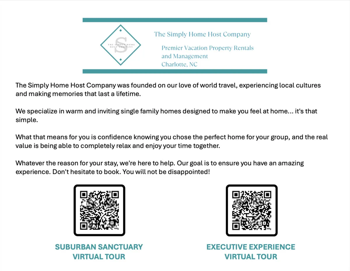 An inviting display featuring a company logo, service descriptions, and QR codes for virtual tours, suggesting easy booking, exploration of Charlotte, and a home-like environment for relaxation after adventures.