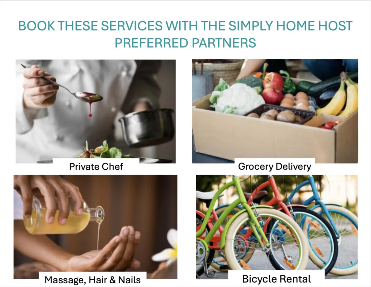 This image features a private chef preparing food, a grocery delivery box filled with fresh produce, massage and beauty services, and colorful bicycles for rental. It represents a blend of gourmet experiences, convenience, relaxation, and outdoor adventure.