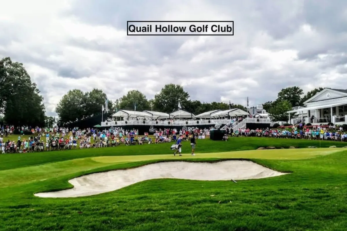 This exterior shot captures a vibrant golf course scene, with lush green grass, a sand trap, and spectators enjoying a golf tournament. The energy and excitement of a live event are evident, highlighting the appeal of group golf outings and team bonding opportunities.